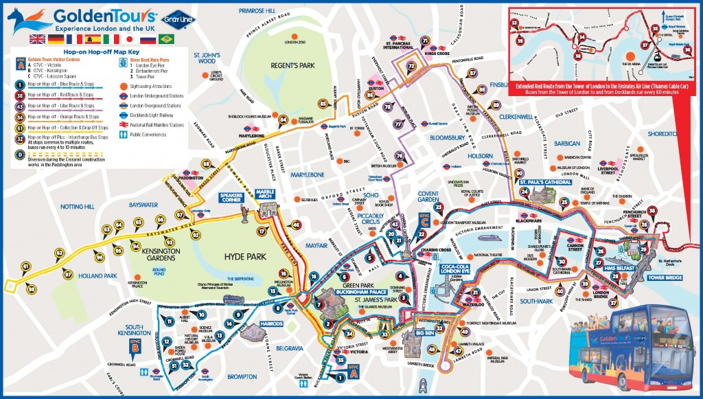 Londres, Golden Tours Hop On Hop Off, Mapa de Rotas